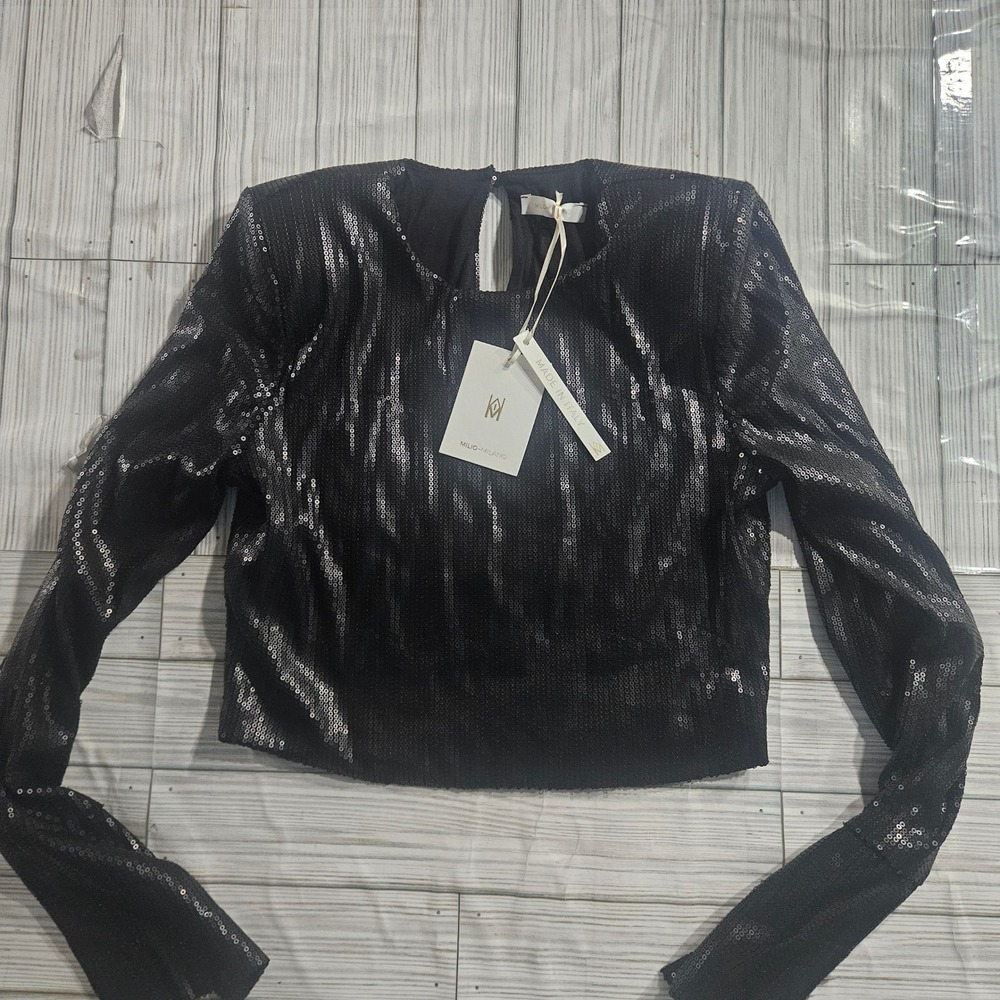 Milio Milano Womens Black Sequin Crop Top Long Sleeve Made in Italy Size S